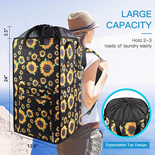 Bukere Laundry Hamper, Extra Large 2 in 1 Laundry Backpack Bag for College Students Dorm Essentials, Adjustable Shoulder Straps, Freestanding Laundry Basket for Apartment, Laundromat, Travel - color: SUNFLOWER