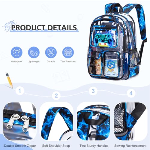 DIGOBAY 3PCS Cool Luminous Clear Backpack for Boys Kids, Gamer Clear Bookbag for School, See Through PVC Transparent Backpacks with Lunch Bag Pencil Case, Backpack Heavy Duty for School Stadium - color: Blue Flame