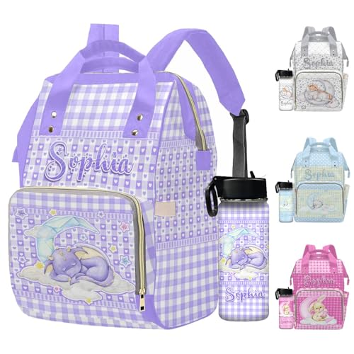 Newcos Personalized Baby Diaper Bag Backpack for Newmon, Custom Name Diaper Bag with Water Bottle, Customized Monogram Mommy Bags Nursing Bag Tote for Baby Wife Dad Women Mothers Day Birthday Purple - color: Patten 21