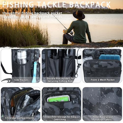 Fishing Backpack with Tackle Boxes and Rod Holder, 24L Fishing Sling Bag with Fishing Lures Kit, Fishing Gear Bag Gifts for Men Women - Camo Backpack - color: Camo Backpack