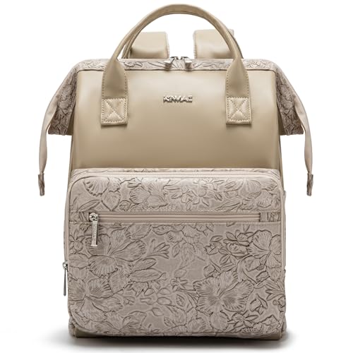 Kinmac Wide Open Style Laptop Backpack for Laptop Up to 15.6 Inch Men Women Travel Outdoor Backpack (Apricot Flower PU) - color: Apricot Flower Pu