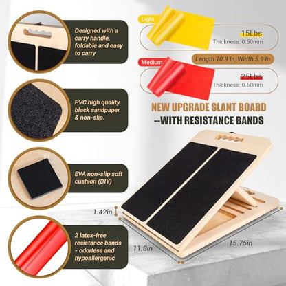 Wooden Slant Board for Calf Stretching, Portable Adjustable Calf Stretch Board with Training Poster & Resistance Bands, 300lb Weight Capacity Calf Ankle Achilles Physical Therapy Leg Exercisers
