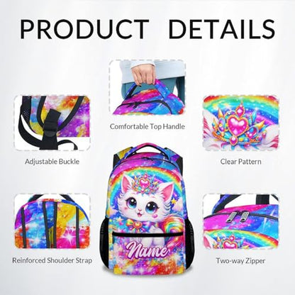 Toddler Backpack for Girls Personalized Cat School Bag - Customized Kindergarten Bookbag for Kids, Water Resistant Daypack for Elementary Students (17 Inch) - color: White