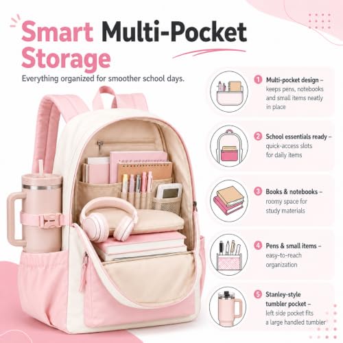 LOIDOU Girls Backpack for Kids Cute School Bookbag - color: Pink White-, size: L-17"