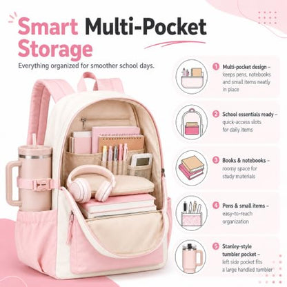 LOIDOU Girls Backpack for Kids Cute School Bookbag - color: Pink White-, size: L-17"