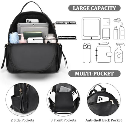 Small Backpack for Women Designer Leather Mini Backpack Purse Ladies Fashion Roomy Shoulder Handbag - color: Black