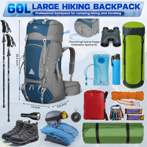 IGOLUMON 60L Hiking Backpack Waterproof Camping Backpack with Rain Cover Large Lightweight Backpacking Backpack for Men Women - color: Blue