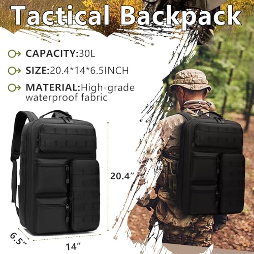 Tactical Camo Backpack for Men Women Waterproof Durable MOLLE Backpack Camping Hunting Emergency Preparedness - color: Black