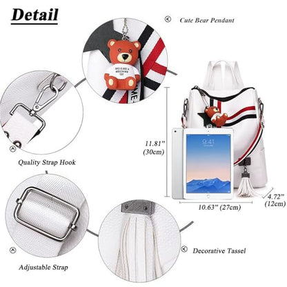 Fashion PU Leather Backpack Purse for Women Travel Backpack Bag with Tassel Ladies Shoulder Handbags Casual Daypack - color: White