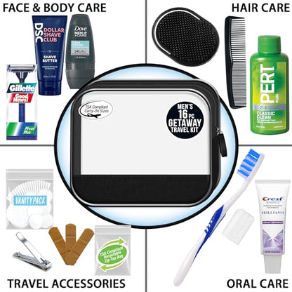 Convenience Kits International Men’s Super Deluxe, 16-Piece Kit with Travel Size TSA Compliant Essentials in Reusable Zippered Toiletry Bag - size: 1 Kit
