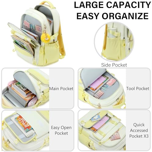 School Backpack for Girls, Laptop Backpack 15.6 Inch Kids Elementary Middle High School Bag Anti Theft Cute College Bookbags for Teens Girls Women Students Casual Travel Daypack,Yellow Beige - color: Yellow