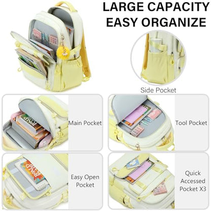 School Backpack for Girls, Laptop Backpack 15.6 Inch Kids Elementary Middle High School Bag Anti Theft Cute College Bookbags for Teens Girls Women Students Casual Travel Daypack,Yellow Beige - color: Yellow