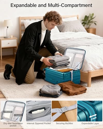 Hanke 24 Inch Expandable Luggage Top Opening Checked Bag Luggage Hard Shell Suitcases with Wheels Lightweight Travel Luggage Medium Suitcase with Lock for Woman Men-Caribbean Blue - color: Caribbean Blue, size: 24 Inch Expandable