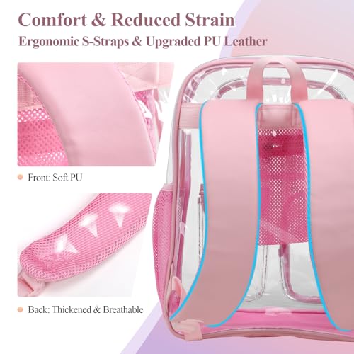 PACKISM Clear Backpack for School - 17 inch Large Heavy Duty Bookbag, Reinforced See Through PVC Transparent Backpack - color: Pu Straps Pink 3 Pockets, style: Daypack Backpacks