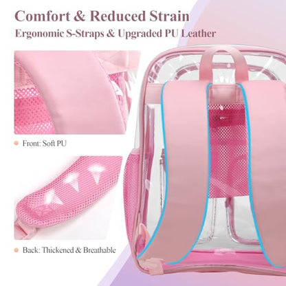 PACKISM Clear Backpack for School - 17 inch Large Heavy Duty Bookbag, Reinforced See Through PVC Transparent Backpack - color: Pu Straps Pink 3 Pockets, style: Daypack Backpacks