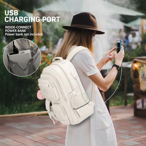 WINDARS School Backpack for Teen Girls, Cute Laptop Backpack for Women Students, Middle High School Bags Aesthetic Bookbag for College Travel Fit 15.6 Inch Laptop (Beige)