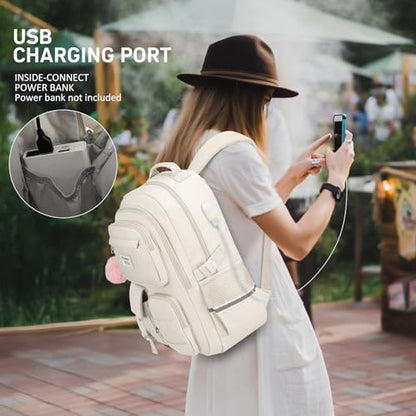 WINDARS School Backpack for Teen Girls, Cute Laptop Backpack for Women Students, Middle High School Bags Aesthetic Bookbag for College Travel Fit 15.6 Inch Laptop (Beige)