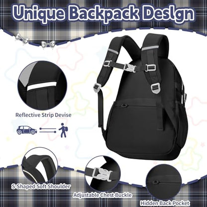 Girls Backpack with Lunch Box Set, 4 PCS Cute Kawaii School Bookbag for Elementary Girls, Black Aesthetic Large Laptop Backpack for Kids & Teens - color: Black