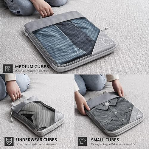 9-Set Packing Cubes with Hanging Bag | 9-Size Combination, Mesh Fabric & Reflective Stripe | Travel Luggage Organizers (Grey) - color: Grey