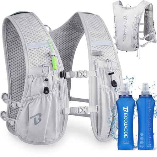 BECOJADDE Running Vest Hydration Backpack for Men Women, 5L Lightweight Running Backpack Hydration Pack for Marathon, Trail, Cycling, Hiking, Jogging - color: Gray, size: 5l Running Vest With Two 500ml Soft Water Bottles