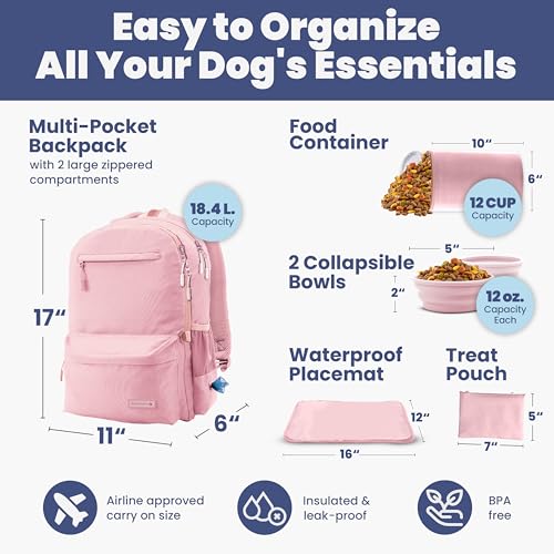 Dog Travel Bag for Supplies - Complete Dog Diaper Bag Backpack with 2 BPA-Free Travel Bowls, Treat Pouch, Food Container, Placemat & Laptop Sleeve – for Traveling, Road Trips, Hiking: Dusty Pink - color: Dusty Pink