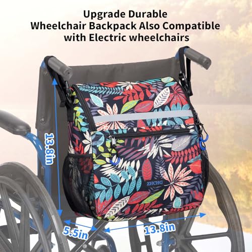 ZHCHG Wheelchair Bags, Wheelchair Backpack with Cup Holder, Wheelchair Bags to Hang on Back, Electric Wheel Chair Accessories, Large Storage Bag for Walker Rollator - style: Blue Red-leaves