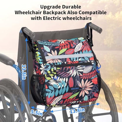 ZHCHG Wheelchair Bags, Wheelchair Backpack with Cup Holder, Wheelchair Bags to Hang on Back, Electric Wheel Chair Accessories, Large Storage Bag for Walker Rollator - style: Blue Red-leaves