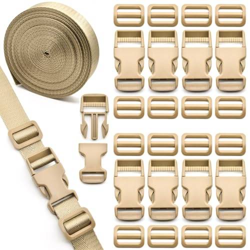 1 inch Buckles Straps Set with 10 Yards Nylon Webbing Strap,10 pcs Quick Side Release Plastic Buckle, 20 pcs Tri-glide Slide Clip for Luggage Strap, Backpack Replacement (Khaki) - color: Khaki