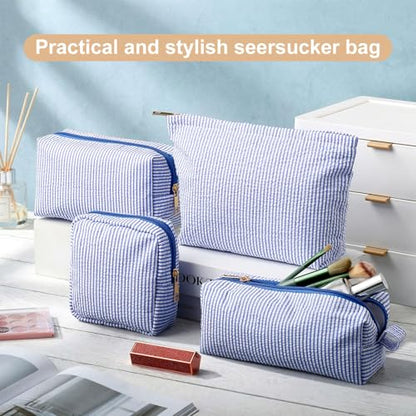 Sanwuta 4 Pcs Seersucker Pouch Cosmetic Bag Set Seersucker Makeup Bag Women Stripe Large Travel Toiletry Organizer Aesthetic Preppy Storage for Embroidery Women Bridesmaid Gifts(Dark Blue) - color: Dark Blue