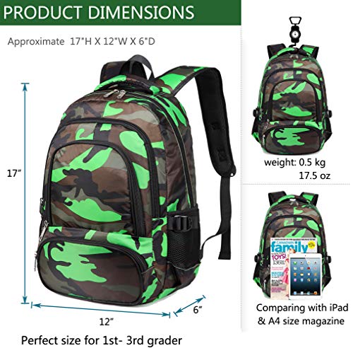 BLUEFAIRY Kids Backpacks for Boys Girls 17 Inch Elementary Primary Middle School Bookbags with Laptop Compartment Back to School Bags for Childs Age 6-8 Mochilas Escolares para Niños Niñas Camo Green - color: Black/Green