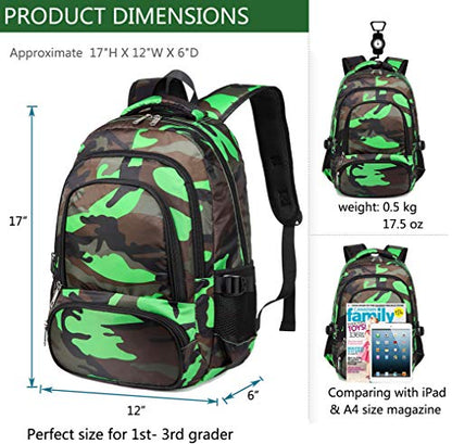 BLUEFAIRY Kids Backpacks for Boys Girls 17 Inch Elementary Primary Middle School Bookbags with Laptop Compartment Back to School Bags for Childs Age 6-8 Mochilas Escolares para Niños Niñas Camo Green - color: Black/Green