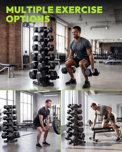 HANDBODE Rubber Coated Hex Dumbbell Set with A-Frame Rack, 100 lb - 600 lb Multiple Options Weight, Hexagon Non-Rolling Shape, Ergonomic Knurled Handle, Home Gym Equipment for Strength Training - style: 600 lb (20, 30, 40, 50, 60, 100 lb) X 2 & Rack