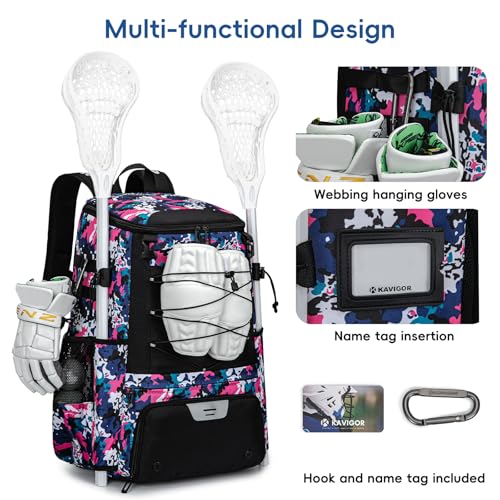 KAVIGOR Lacrosse Bag 65L, Extra Large Lacrosse Gear Backpack with Multi-Pocket Design, Helmet Holder & Ventilated Shoe Compartment - color: Camo Pink