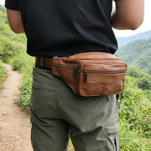 large 6 Pockets Leather Fanny Pack Travel Waist packs Waist Pack Suitable for Outdoor Mountaineering Travel Camping Cycling Running etc Fanny packs (Light brown) - color: Light brown 2025 model