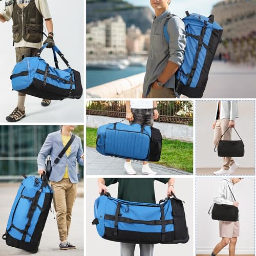29" 86L Foldable Wheeled Duffle Bag, Waterproof Travel Rolling Backpack with Quilted Bottom, Blue - color: Blue