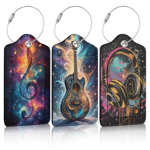 3 Pack Music Note Luggage Tags for Suitcase Headphone Guitar PU Leather Travel Luggage Tag Privacy Cover ID Label for Women Men Baggage Backpack Handbag School Bag - color: Note Headphone Guitar