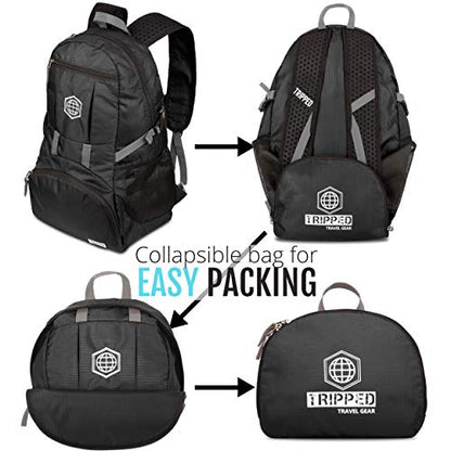TRIPPED Travel Gear Traveling Backpack- Foldable collapsible lightweight backpack for travel (Black) 35 liters - color: Jet Black