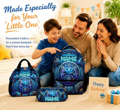 Personalized Backpack Set for Boys Gaming School Bag for Kids Teens Gamer - 17 Inch Large Capacity Custom Name Bookbag with Lunch Box for Elementary Middle School - color: Blue