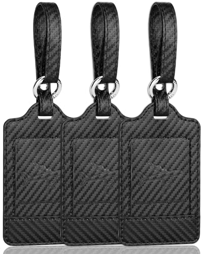 3 Pack Luggage Tags - Quick Install, Privacy Protection, Airplane Travel Essentials for Suitcases, Durable Leather - Carbon Fiber Black - color: Carbon Fiber Black