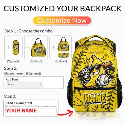 Personalized Kids Backpack Custom Baseball Schoolbag for Boys, Fun Banana Bookbag for School Travel Hiking - color: Yellow
