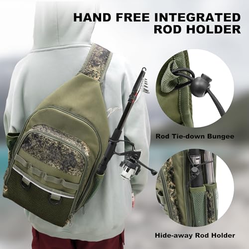 MYDAYS Fishing Sling Tackle Storage Bag, Lightweight Outdoor Sling Tackle Backpack for Fishing Gear and Equipment (Green Camo)