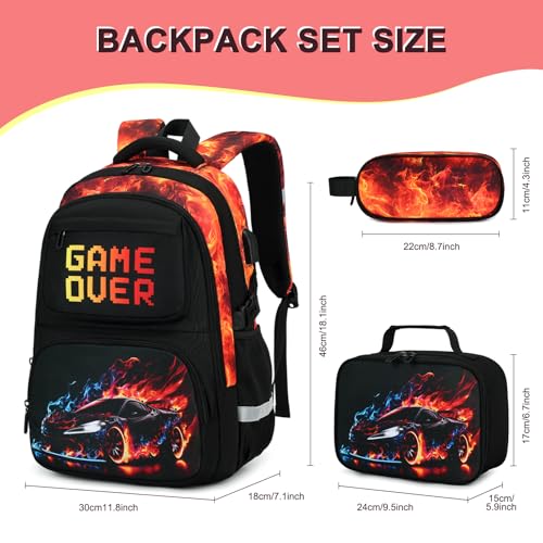 3PCS School Backpack for Boys, Cool Gamer Boys Backpack with Lunch Box and Pencil Case for Kids Kindergarten Teens Elementary Middle School Bag with Convenient Charging Port,Gaming Bookbag Waterproof - color: Red Flame Race Car