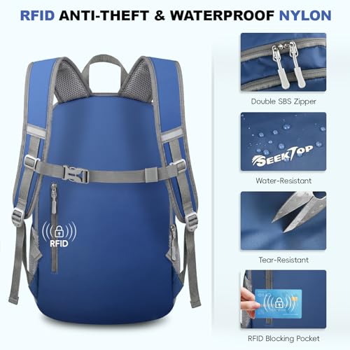Seektop Lightweight Packable Hiking Backpack Water Resistant Expandable 20L-28L for Women Men, RFID Day Pack for Travel - color: Blue