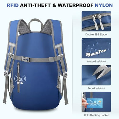 Seektop Lightweight Packable Hiking Backpack Water Resistant Expandable 20L-28L for Women Men, RFID Day Pack for Travel - color: Blue