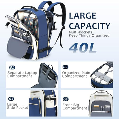 EMPSIGN 40L Travel Backpack for Women & Men, Airline Approved Carry On Backpack, TSA Personal Item Bag Waterproof, Overnight Weekender Essentials Backpacks for Business fits 17" Laptop, Haze Blue - color: Beige/Haze Blue/Black