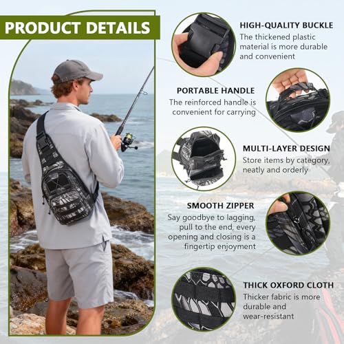 Fishing Backpack Small Fishing Tackle Storage Bag with 3 Methods of Carrying Large Capacity Sling Backpack for Outdoor Hiking Travel Hunting (Pythonskin Black) - color: Pythonskin Black