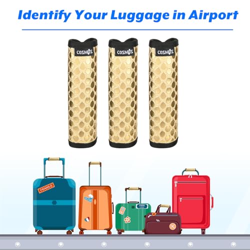 Cosmos Pack of 3 PU Leather Luggage Handle Wrap Handle Grip Luggage Identifier for Travel Bag Luggage Suitcase (Metallic Golden Tone Color) - color: PU - Gold Color