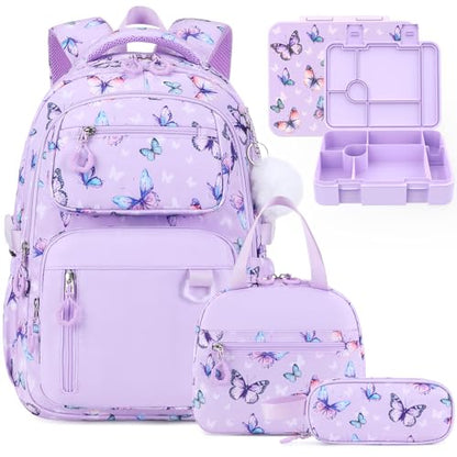 Bevalsa Backpack for Girls, School Bookbag Teen Girls Backpack Set with Bento Lunch Box, Insulated Bag & Pencial Case, 43oz Lunch Containers for Kids Elementary Middle Student (Purple Butterfly) - color: Purple Butterfly
