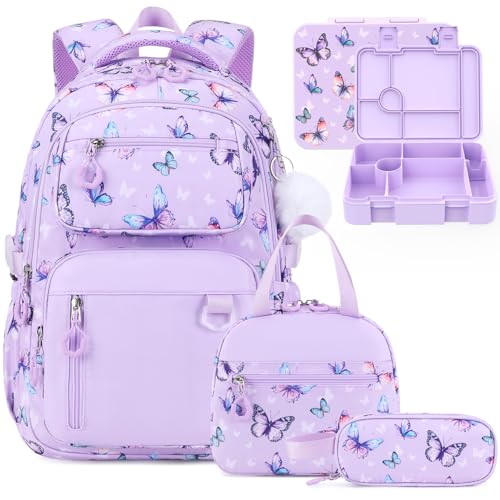 Bevalsa Backpack for Girls, School Bookbag Teen Girls Backpack Set with Bento Lunch Box, Insulated Bag & Pencial Case, 43oz Lunch Containers for Kids Elementary Middle Student (Purple Butterfly) - color: Purple Butterfly