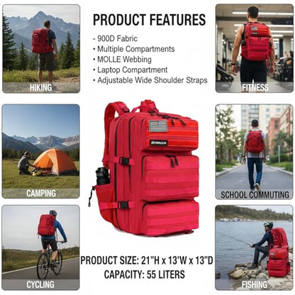 Military Tactical Backpack 55L for Men & Women Bug Out Bag Assault pack Molle Daypack Hiking Trekking Rucksack (Red) - color: Red